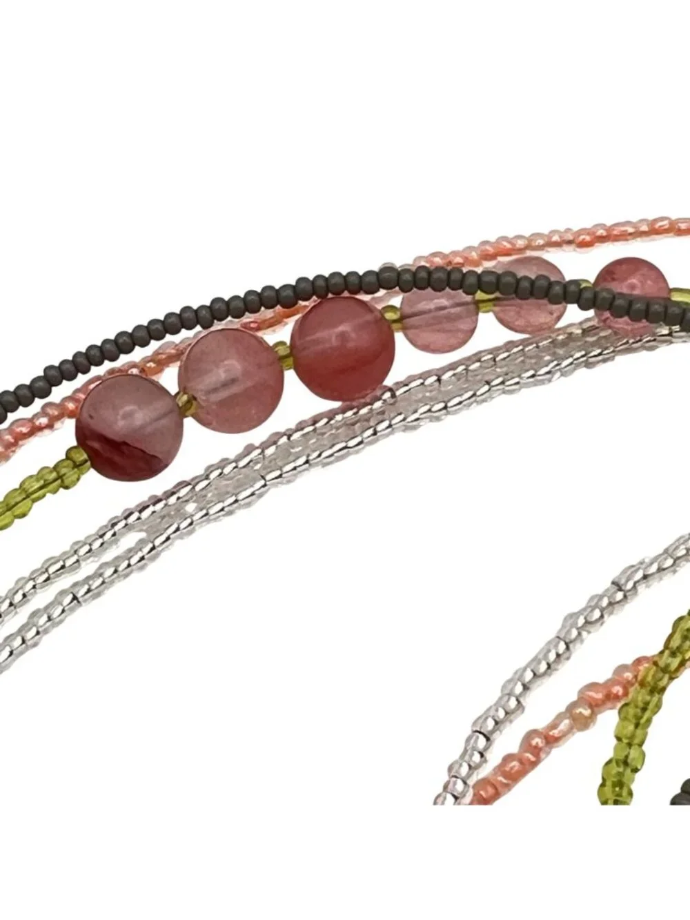 Blue Agate Slice Pendant Necklace Multistrand Beaded Boho Pink Green Glass Layer - Picture 6 of 15